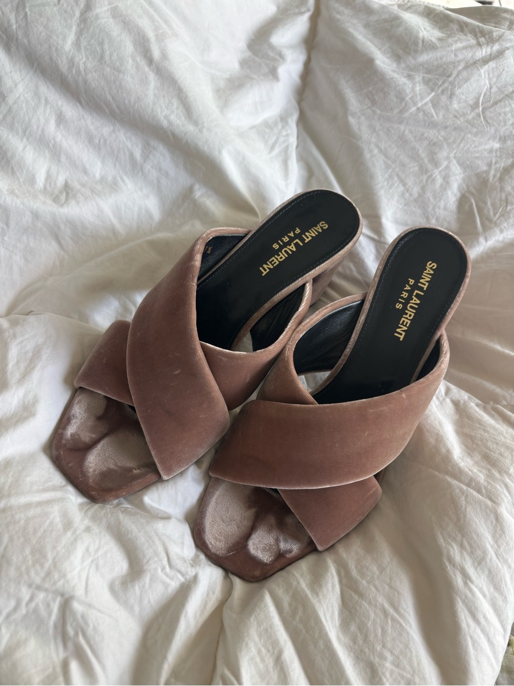 Saint Laurent Mauve Velvet Crisscross Slide Mules